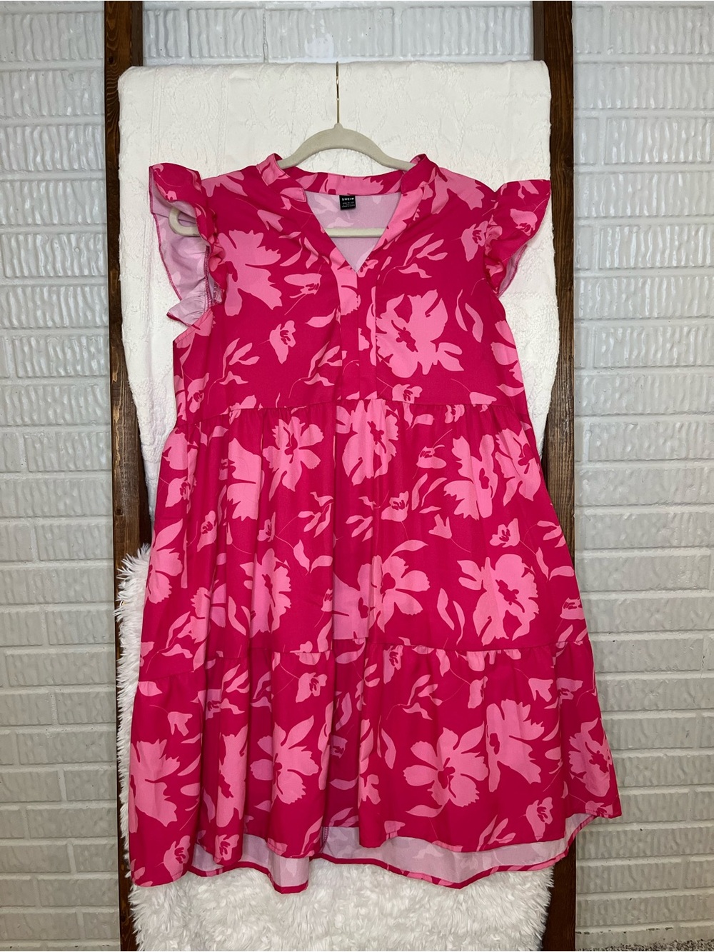 SHEIN Red & Pink Floral Ruffle Sleeve Tiered Babydoll Mini Dress